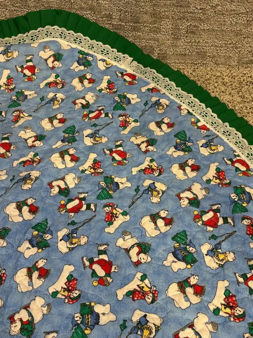 Vintage Handmade Reversible Christmas Tree Skirt Blue Polar Bears Red  45